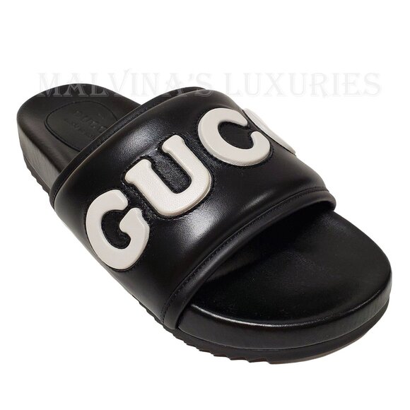 GUCCI SHOES MENS BLACK LEATHER JUMBO LOGO SLIDES FLATS SANDAL sz 8 / 8.5 US - Picture 6 of 15